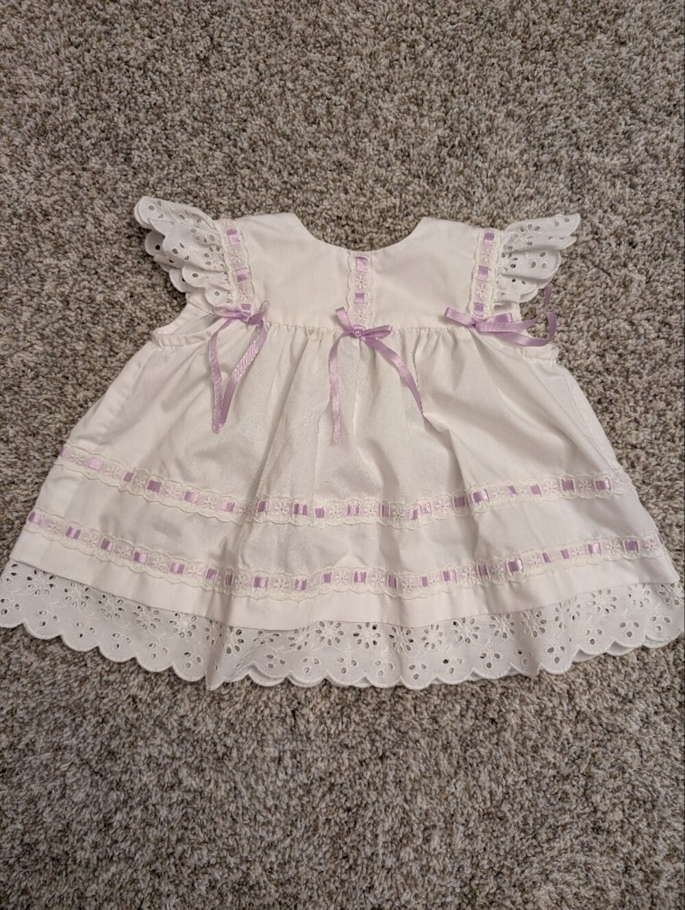 White Eyelet Baby Dress with Lavender Ribbon Handmade 6-9mo Formal Event Summer